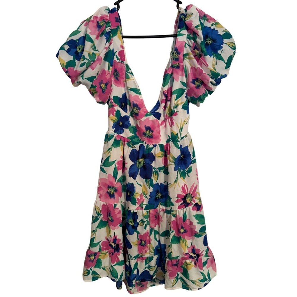Xtraordinary Floral Puff Sleeve Open Back Tiered Mini Dress Pink Blue‎ Large g2